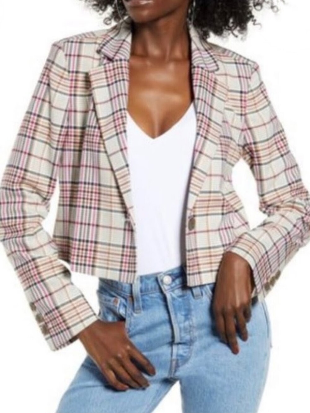 Leith Women's LARGE Tan Brown Pink Plaid Cropped Blazer Jacket Button Closure